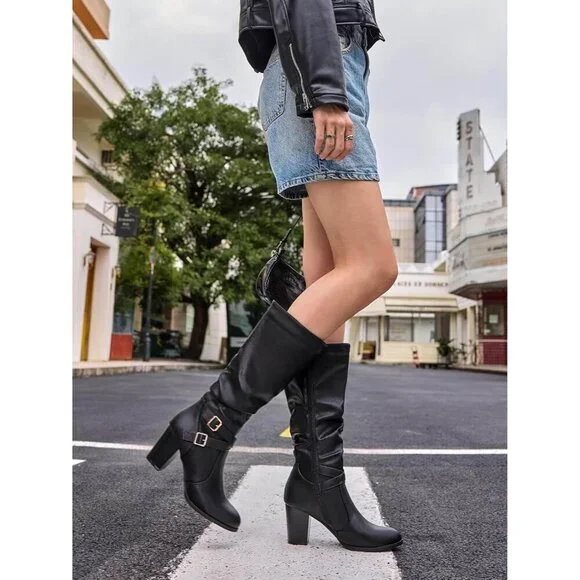 Women Black 1 Mid Knee High Boots Chunky Heel Slouchy Metal Buckle Winter Shoes - Picture 2 of 7